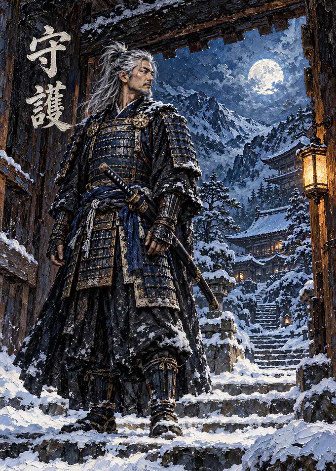 Samurai Guardian in Snowy Temple
