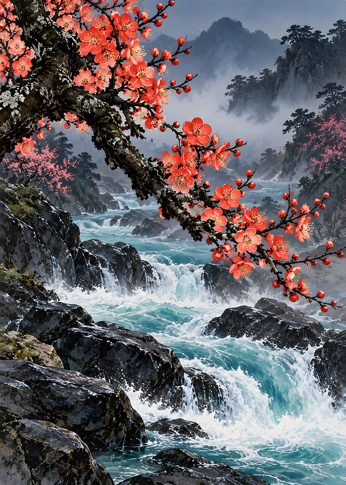 Red Blossoms Over Mountain Stream