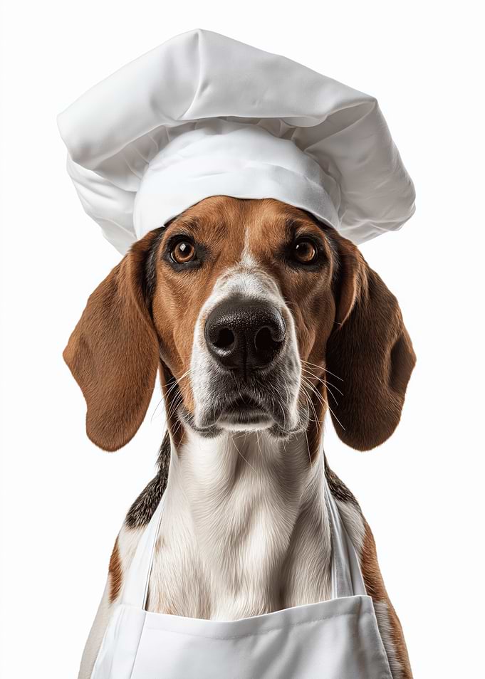 English Foxhound Dog Wearing Chef Hat and Apron