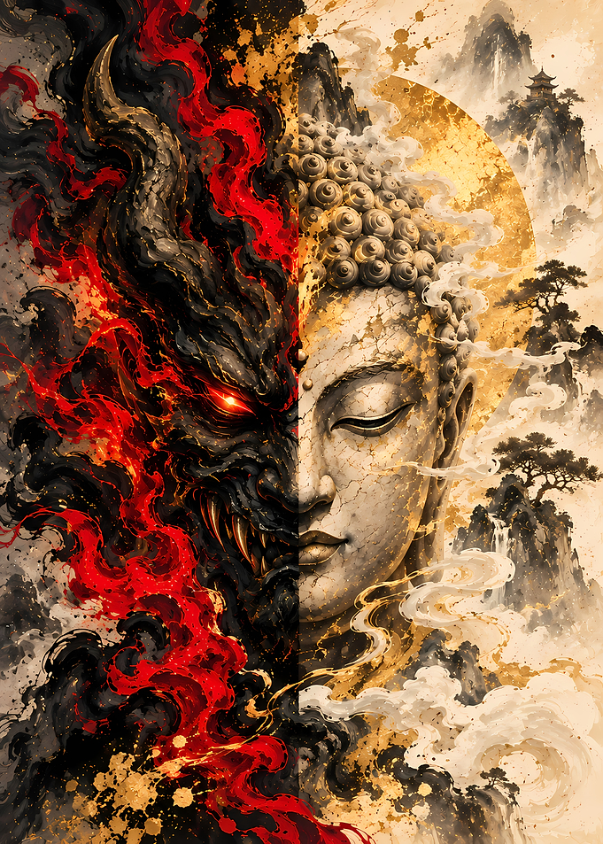 Duality of Buddha and Oni Mask