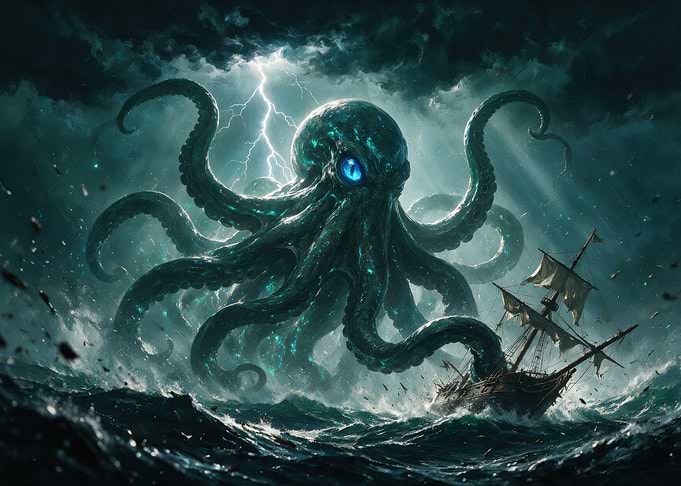 Giant Kraken Attacking Sailing Ship