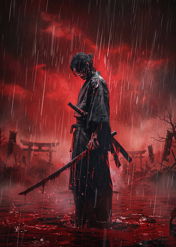 Samurai Rain Blood Dark Art Poster