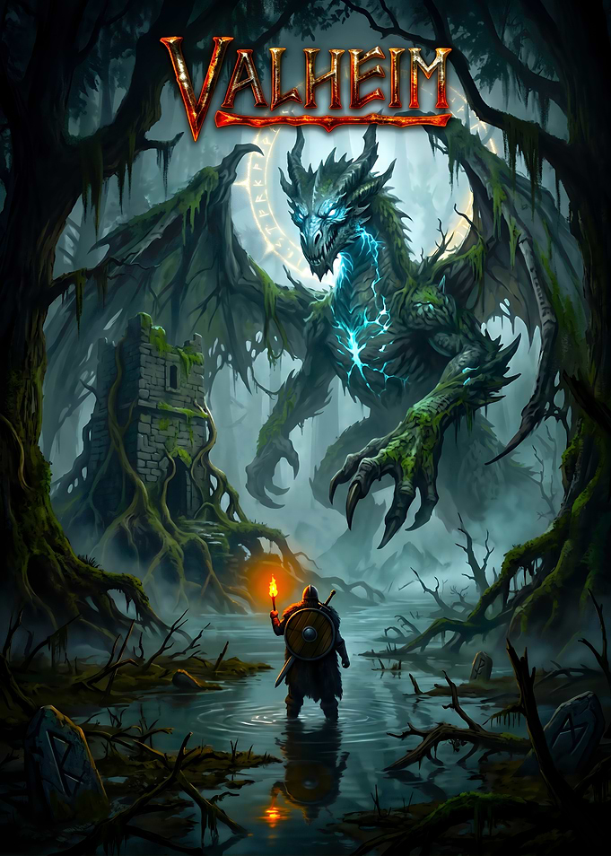 Valheim Viking Facing Giant Dragon
