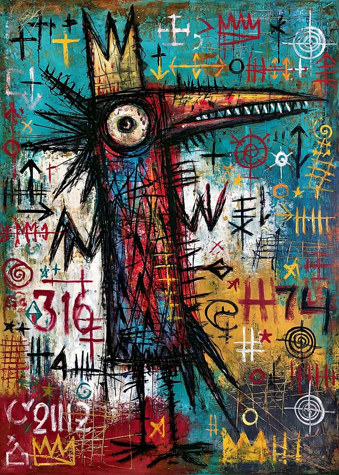 Crowned Raven Oracle - Neo-Expressionist Bird