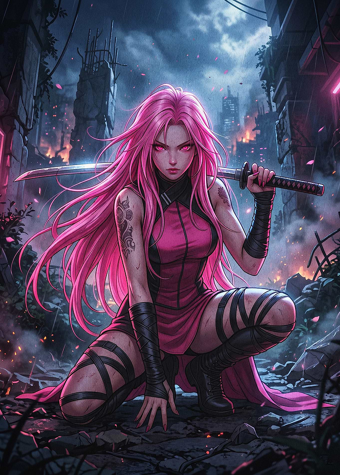 Pink Cyber Samurai Dark Art Poster