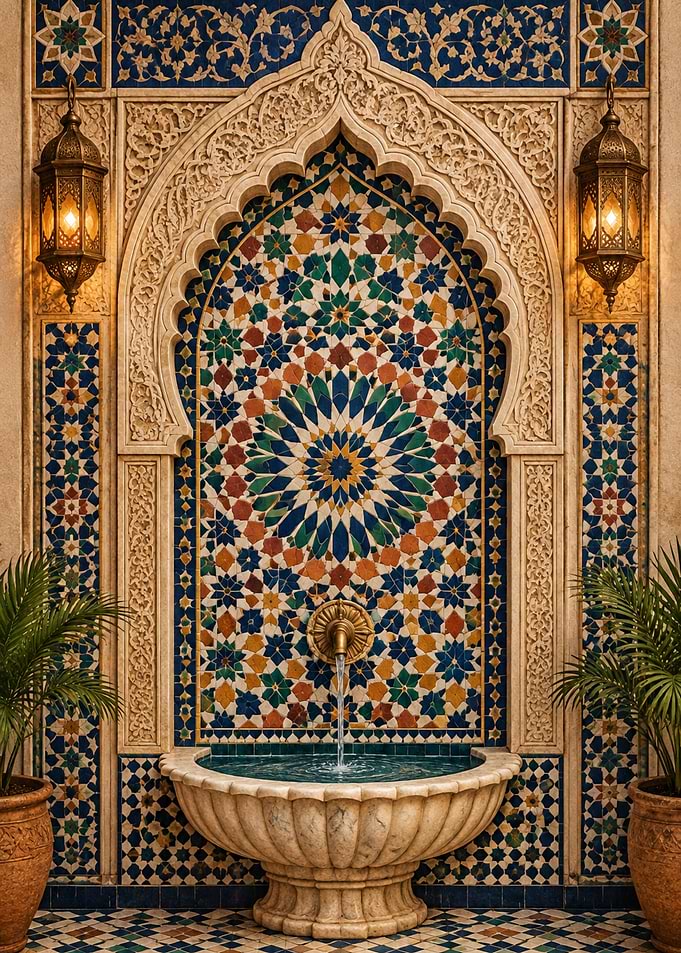 Ornate Moroccan Mosaic Wall Fountain