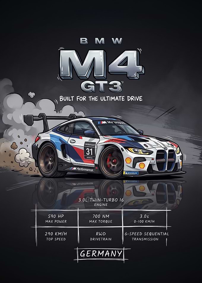 A stylized digital illustration caricature M4 GT3 race Car Poster