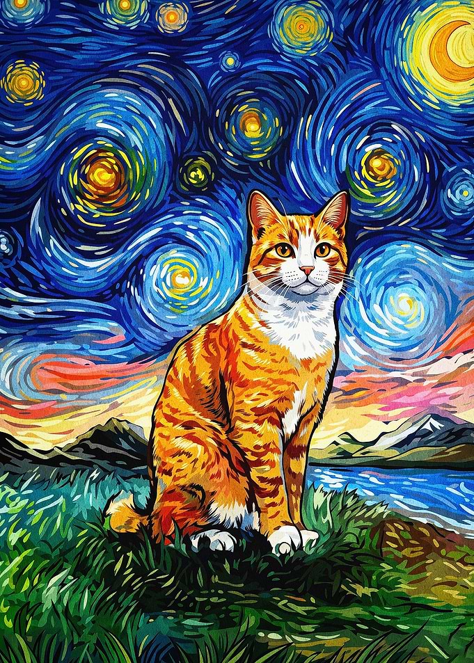 Starry Cat Night Van Gogh Style