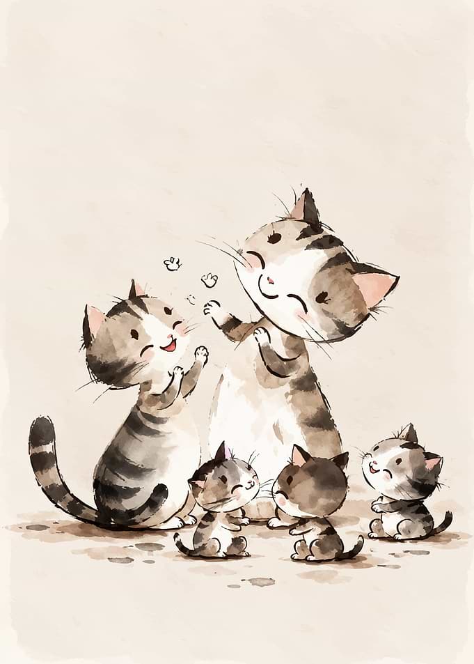 Watercolor Illustration of Cat Family