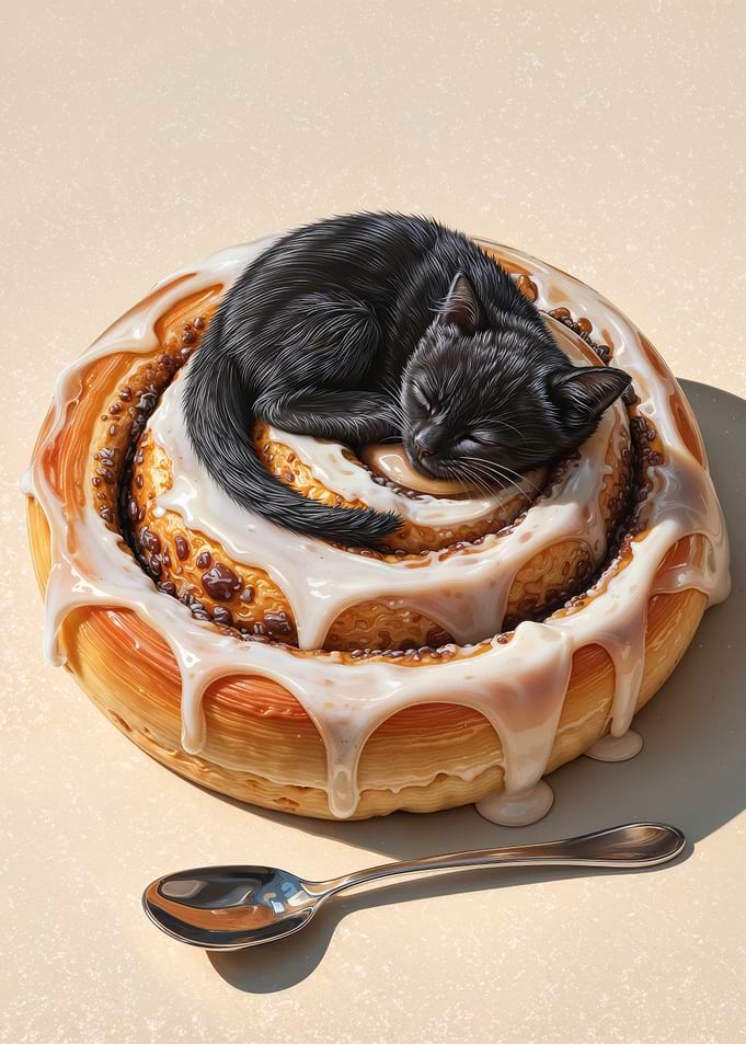 Sleeping Black Cat On Giant Cinnamon Roll