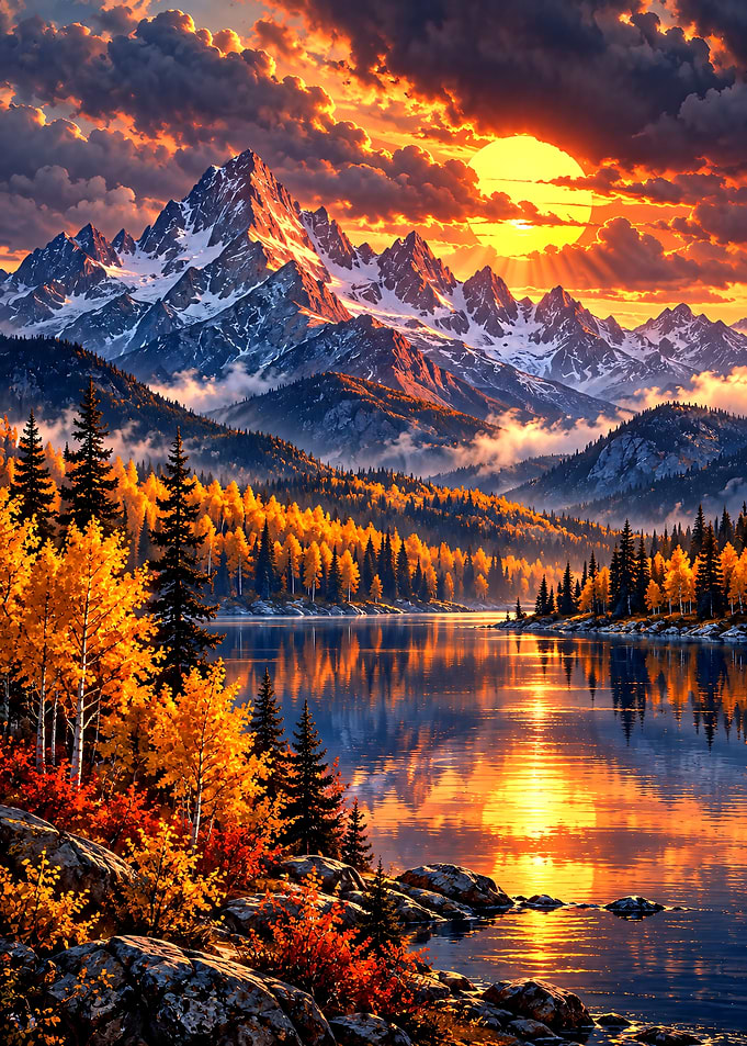 Golden Autumn Mountain Lake Sunset