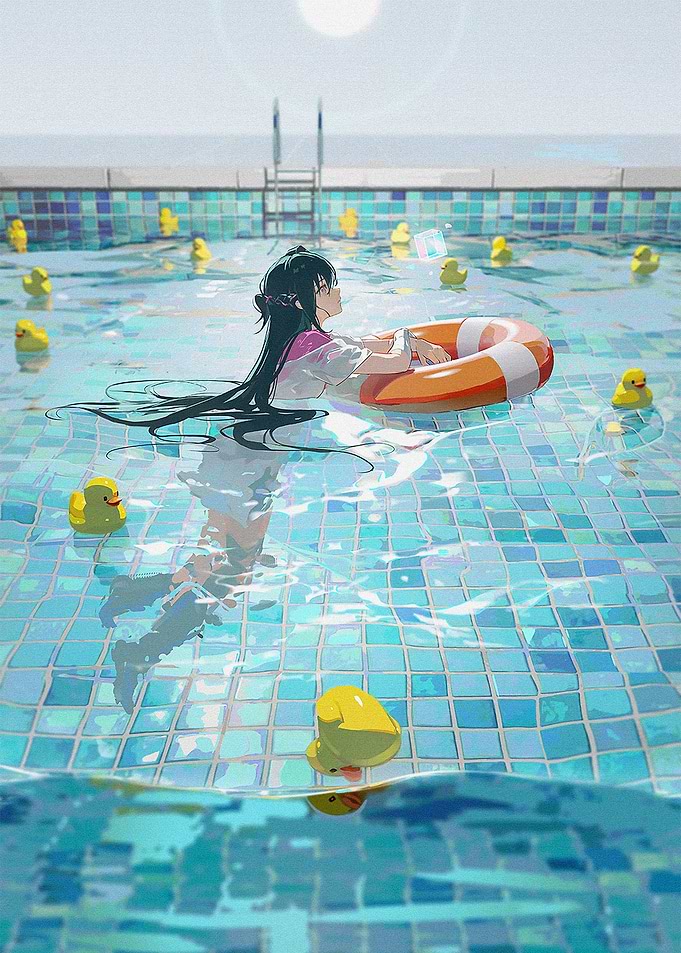 Anime Girl Floating with Rubber Ducks