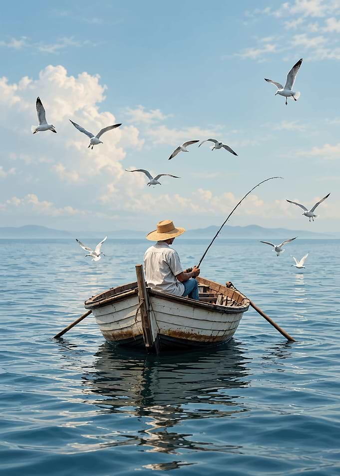 Lone Fisherman in a Small Boat