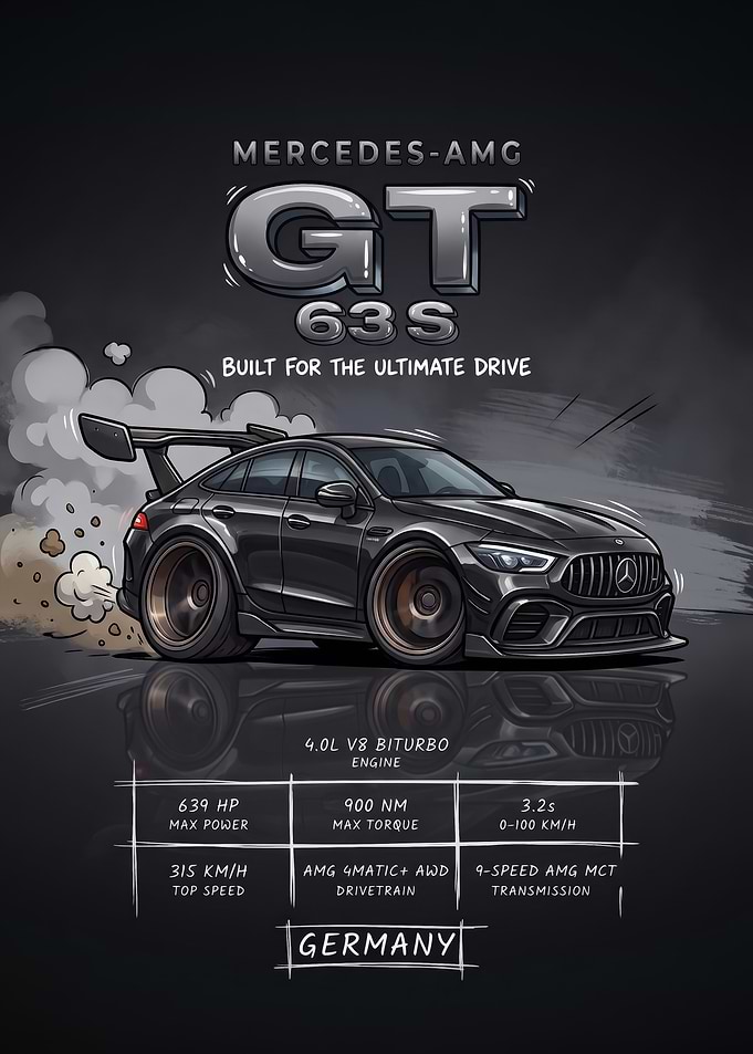A stylized digital illustration caricature black gt63S Car Poster
