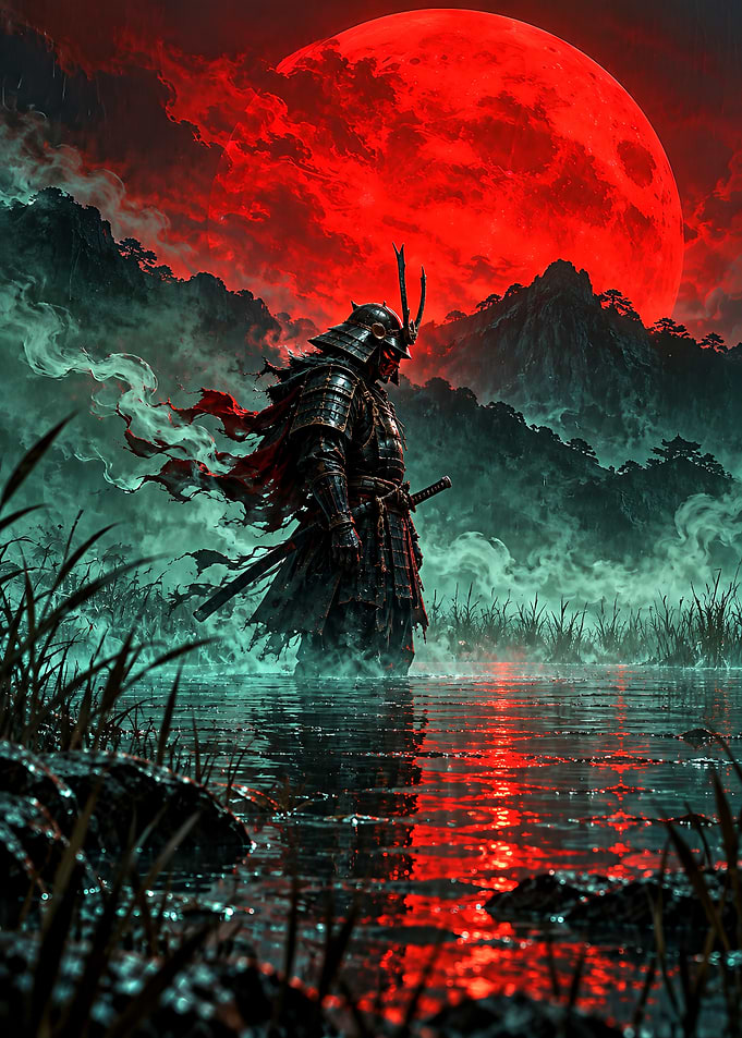 Samurai Standing Under Blood Moon