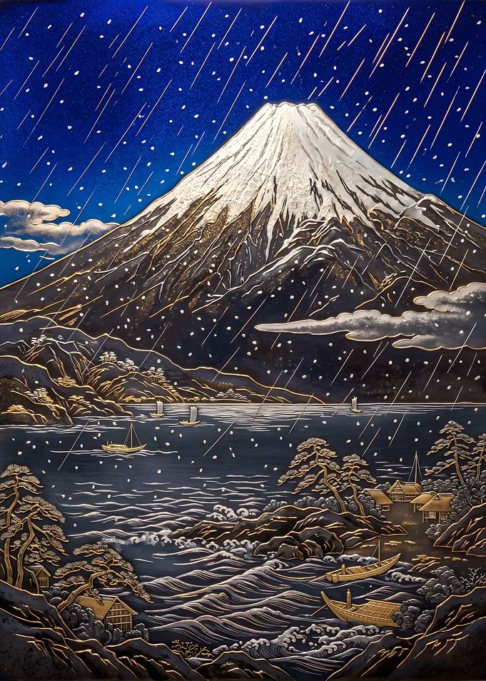 Snowy Mount Fuji in Gold and Silver