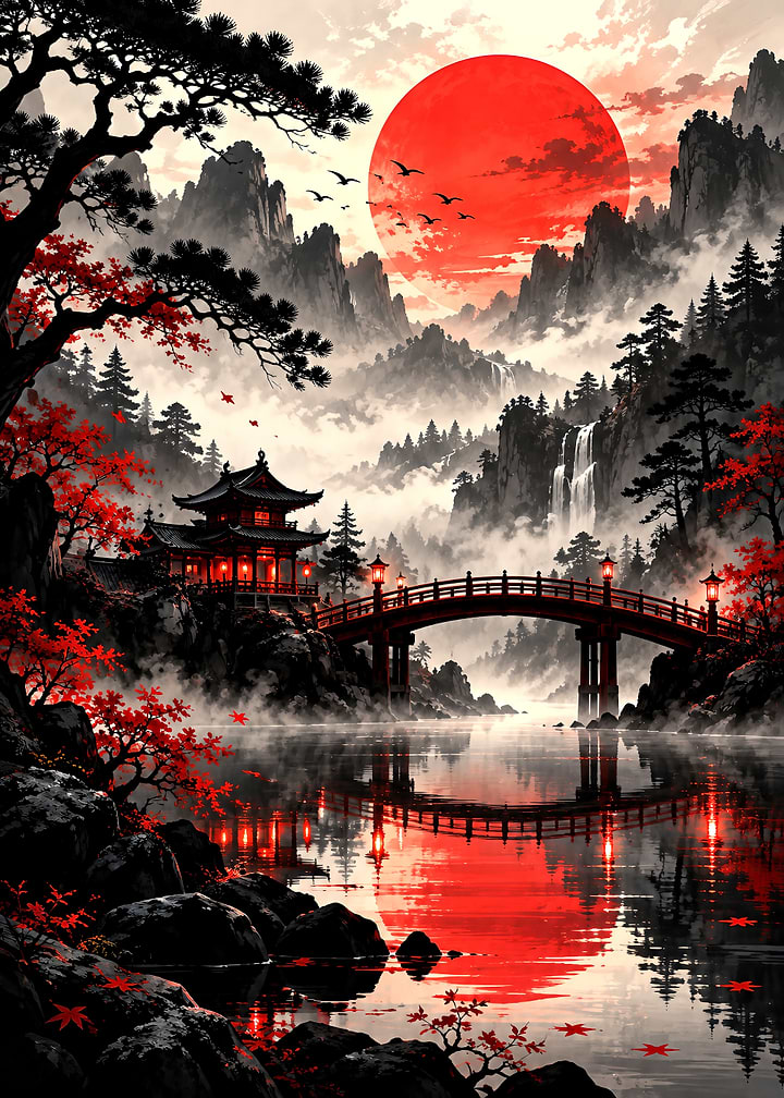 Serene Japanese Landscape with Red Sun