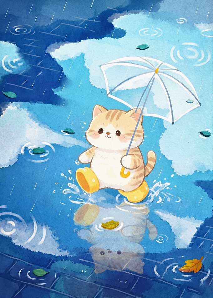 Cute Cat Rain Umbrella Watercolor