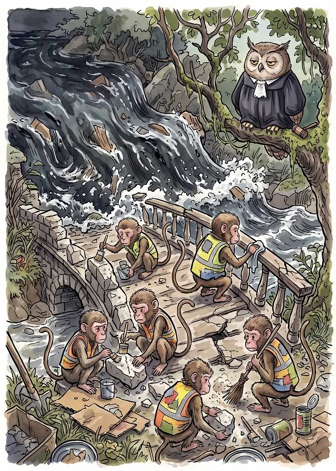 Monkeys Repairing Bridge Under Owl Judge