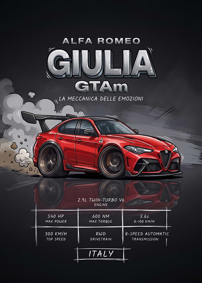 A stylized digital illustration caricature red giulia Car Poster