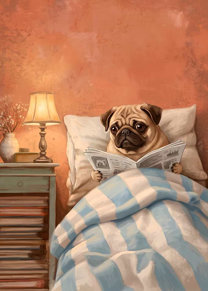 Pug Reading Newspaper in Bed