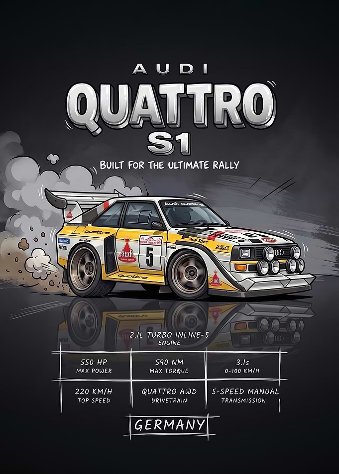 A stylized digital illustration caricature S1 rally Car Poster