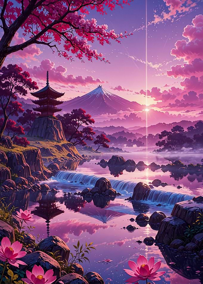 Serene Japanese Temple at Sunset Mount Fuji Sakura