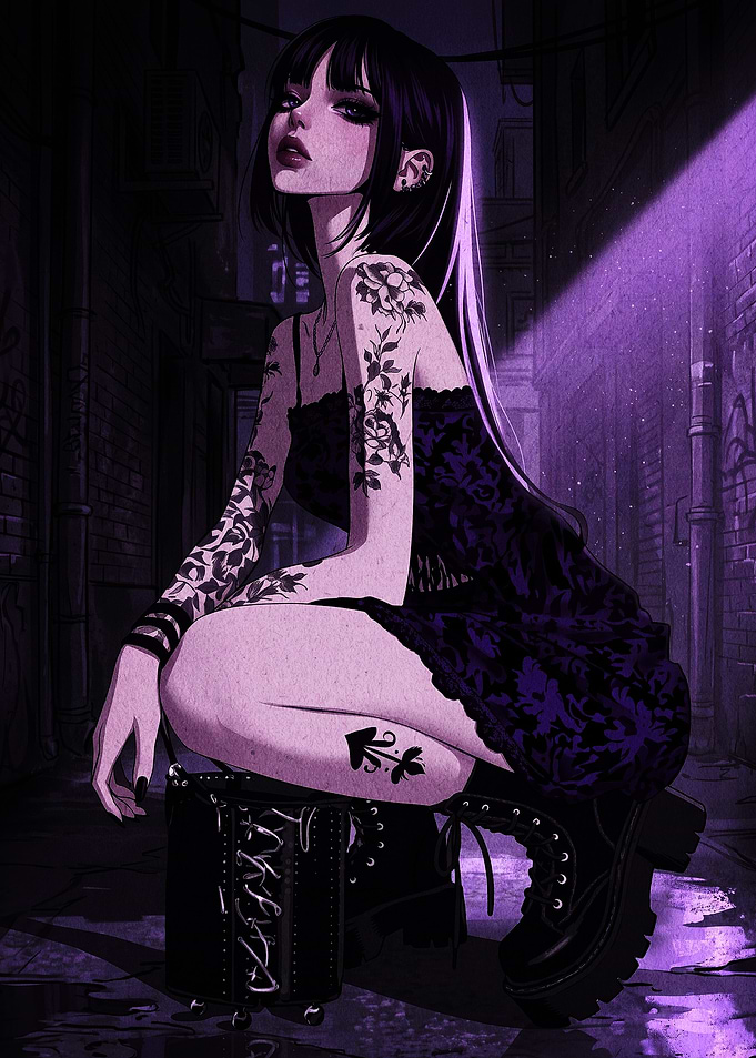 Gothic Anime Girl in Purple Alley