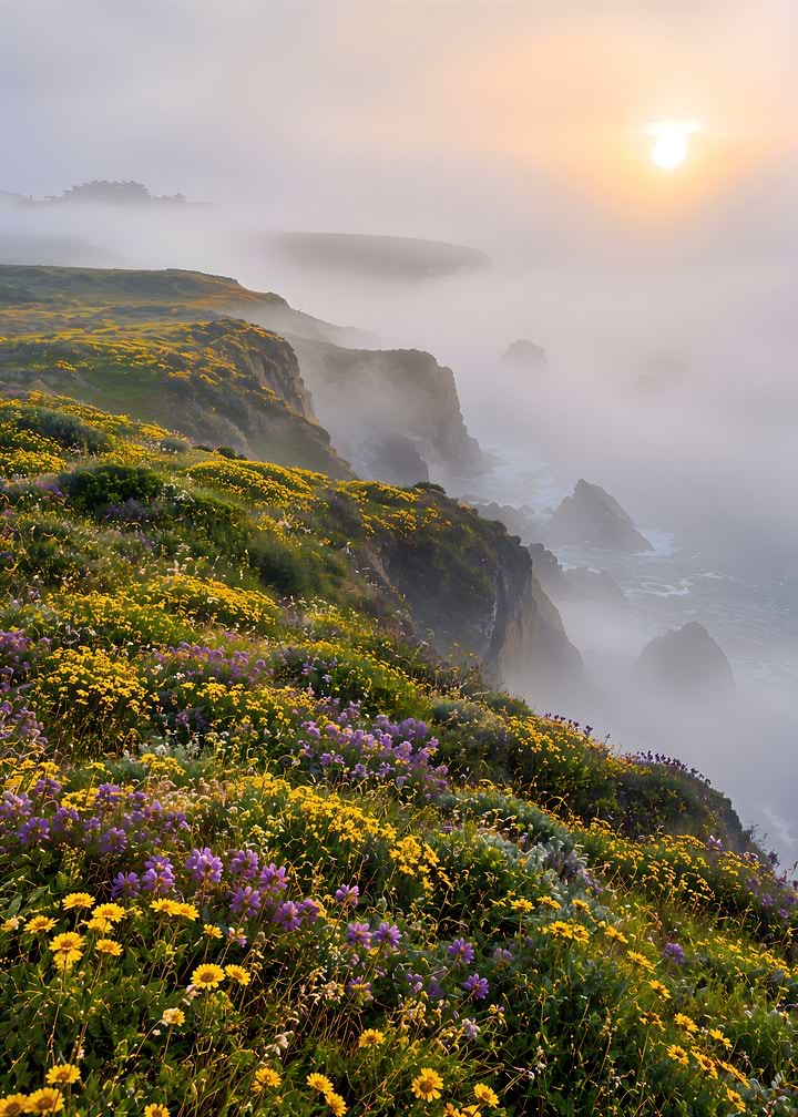 Misty Coastal Wildflowers at Sunset