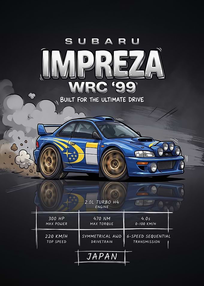 A stylized digital illustration caricature white WRC '99 rally Sport Car Poster