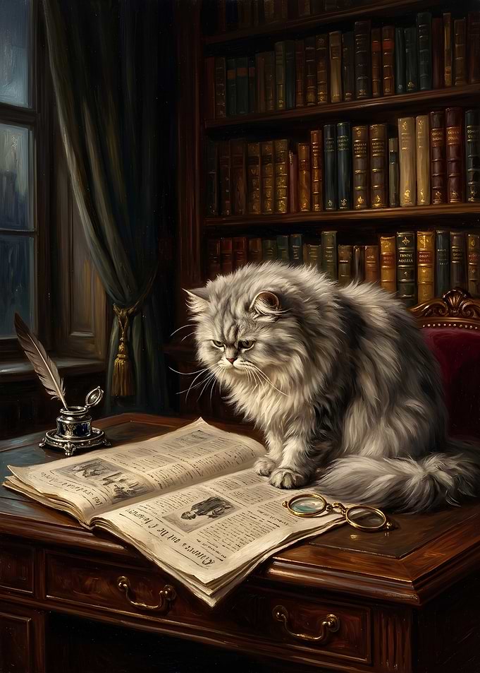 Studious Fluffy Cat in Library