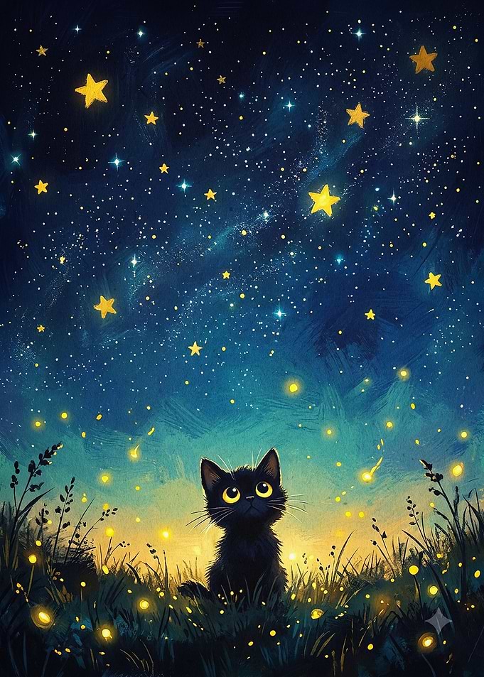 Black Cat Starry Night Cute Art