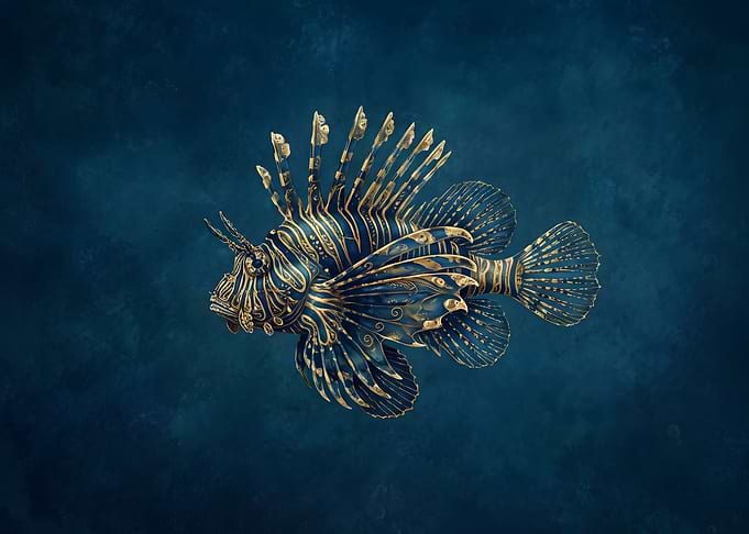 Ornate Gold and Blue Lionfish Illustration