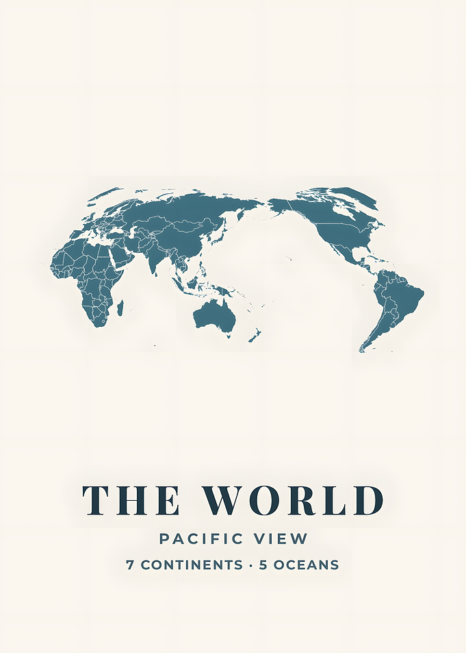 Pacific Centered Coastal Blue World Map Print