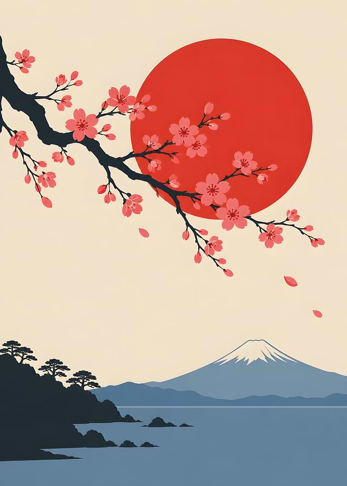 Cherry Blossom Mount Fuji Red Sun Print