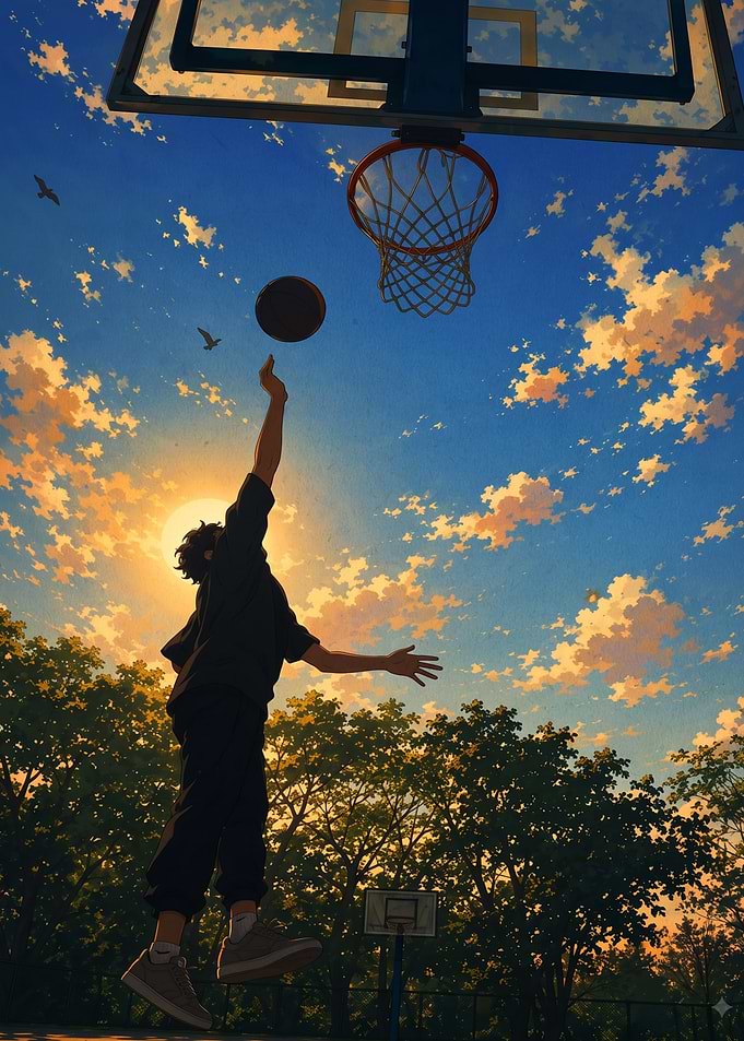 Anime Style Basketball Player at Sunset