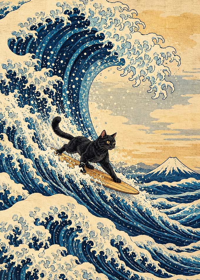 Black Cat Surfing Great Wave