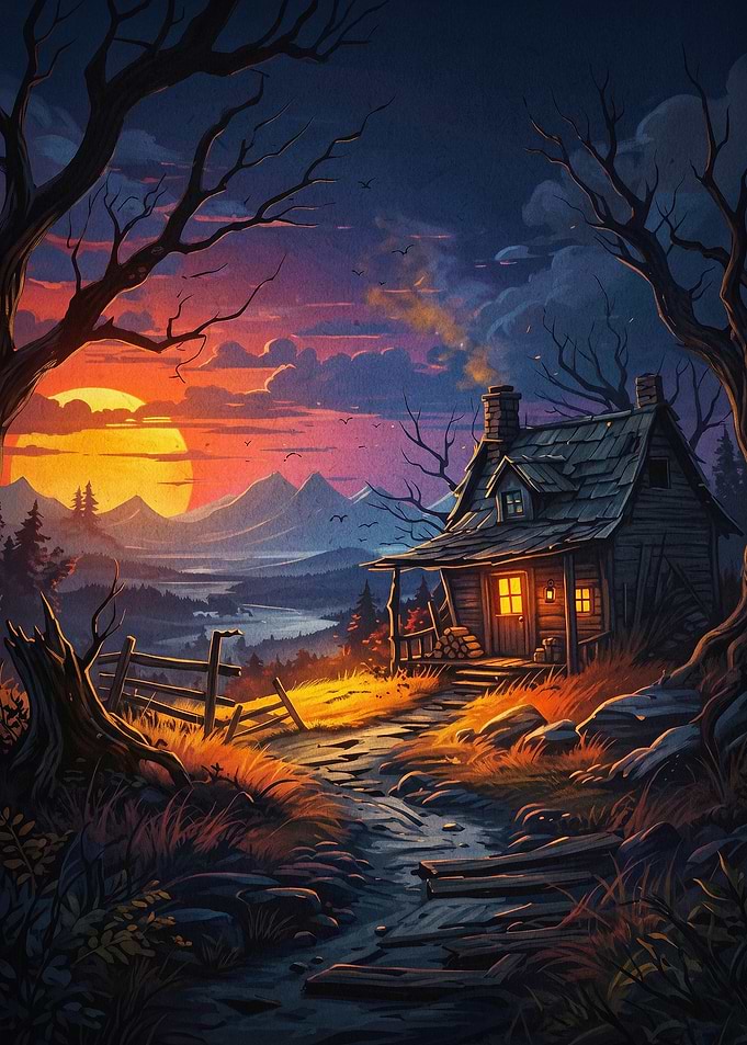 Cabin Sunset Landscape Fantasy Art