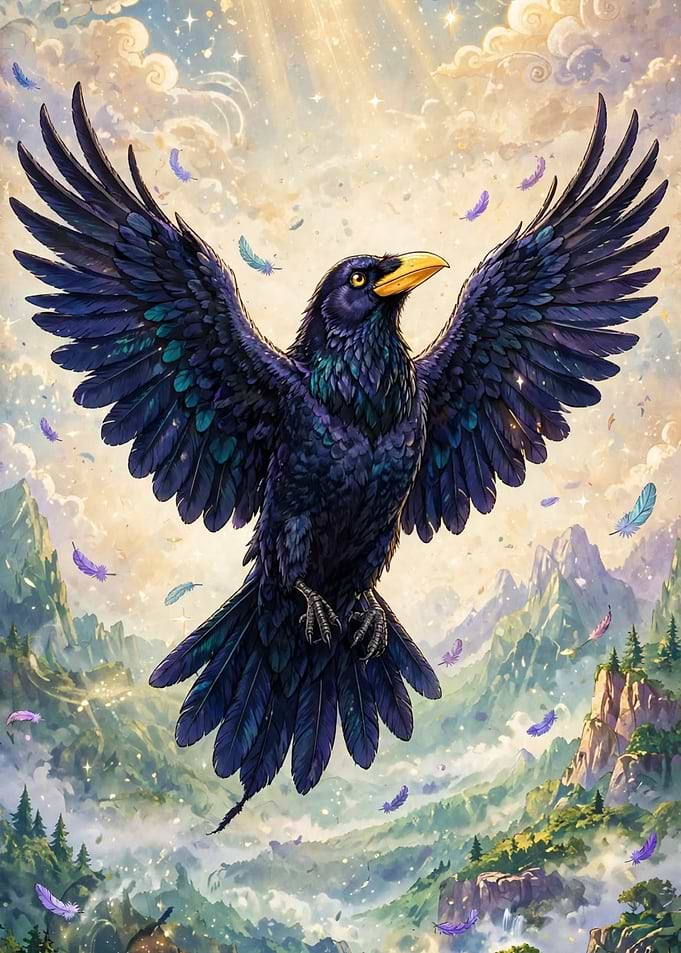 Majestic Raven Soaring Over Mountains
