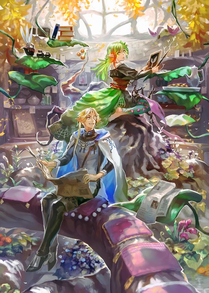 Elven Scholars in a Magical Library