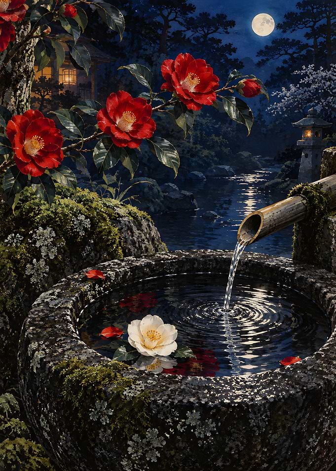 Japanese Garden Night Camellia Fountain