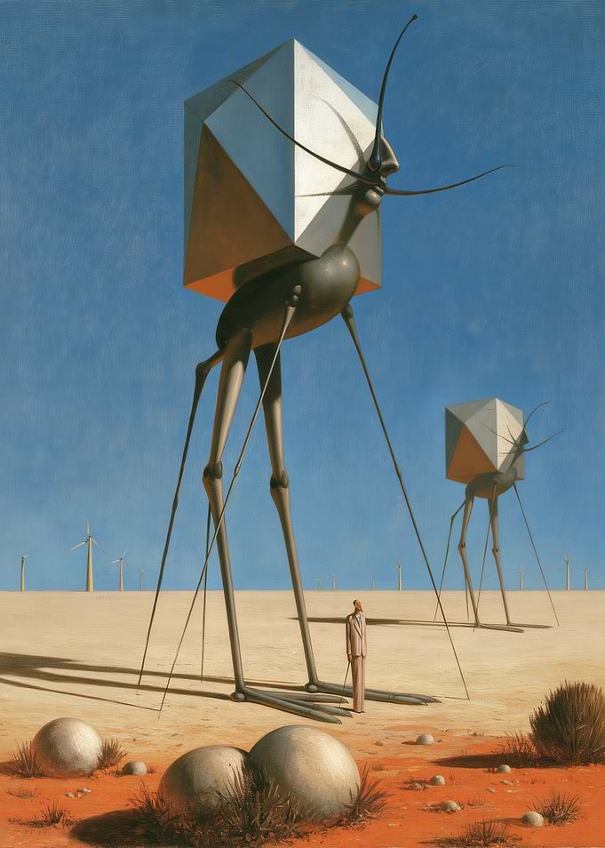 Surreal Desert Landscape with Tall Creatures