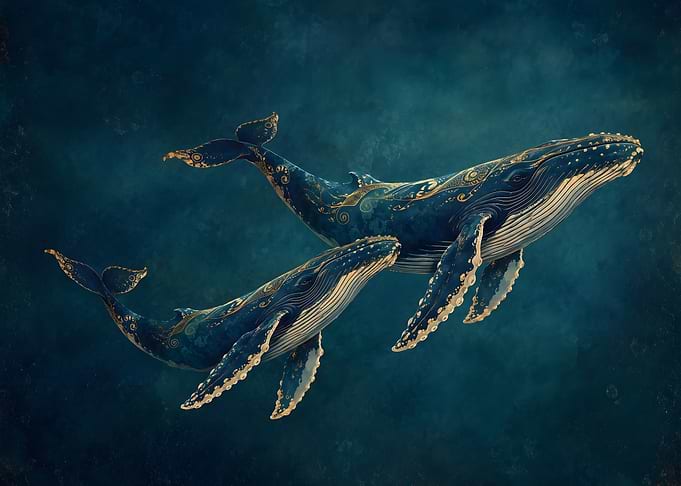 Ornate Whales in Deep Blue