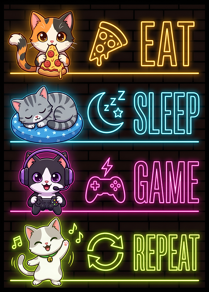 Eat Sleep Game Repeat Neon Cats