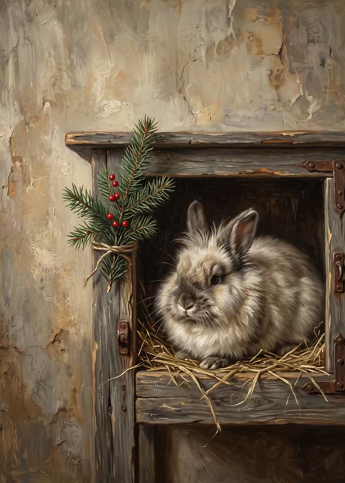 Fluffy Rabbit in Rustic Hutch