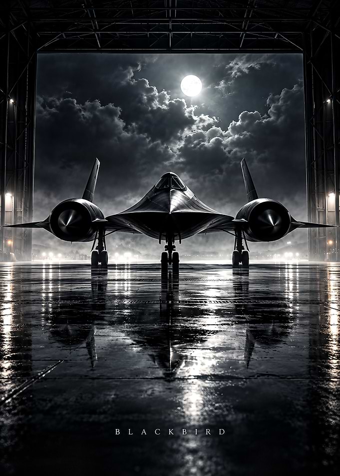 SR-71 Blackbird in Hangar at Night