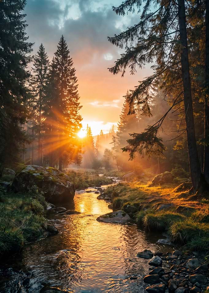 Golden Sunset Over Forest Stream