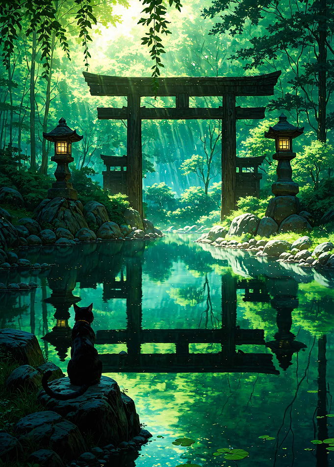 Black Cat at Torii Gate Japan Landscape