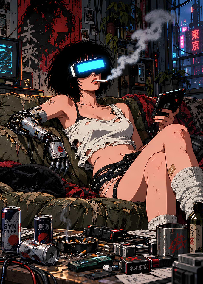 Cyberpunk Girl Relaxing in Neon City