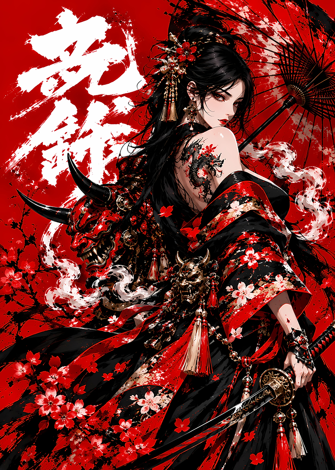 Samurai Woman with Oni Mask